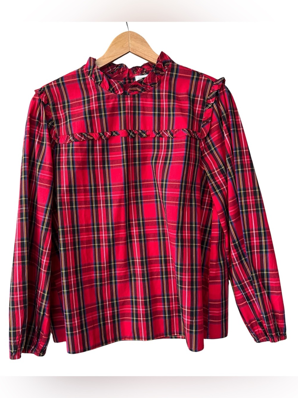 J Crew Red Tartan Plaid Ruffle Poplin Top Shirt size Medium